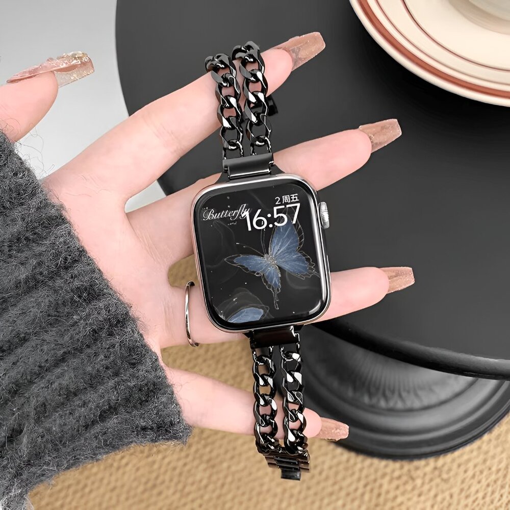 Apple Watch Band Adjustable Stylish Strap Silver Stainless Chain - Black